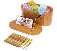 BOBASH Wood Oval Yarn Bowl with 9Pcs Knitting Hooks Large Capacity Crochet Yarn Bowl with Lid and Double Curling Slots for Knitters Crocheters
