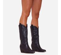 Bobbi Embroidered Detail Pointed Toe Mid Calf Western Cowboy Boot In Black Faux Leather, Women's Size UK 8