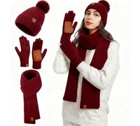 Bobble Beanie Hat Thermal Scarf and Gloves Set, Winter Pom Pom Fleece Lined Hat Warm Knitted Scarf Thicken Touchscreen Gloves for Women, Neck Head Hand Warmer 3 In 1 Cold Weather Set (Wine red)