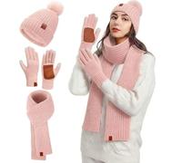 Bobble Beanie Hat Thermal Scarf and Gloves Set, Winter Pom Pom Fleece Lined Hat Warm Knitted Scarf Thicken Touchscreen Gloves for Women, Neck Head Hand Warmer 3 In 1 Cold Weather Set (Pink)