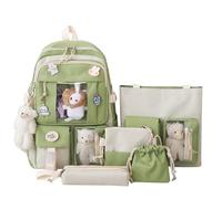 Bobety 5Pcs Canvas School Backpack Combo Set, Kawaii Rucksack for Girls Student, Large Capacity Cute Backpack for School, Aesthetic Travel Canvas Backpack for Teenage Girls (Green)