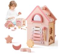 Bobety Wooden Activity Cube,Educational Wooden Shape Sorter House with Xylophone,Musical Learning Toy,Pink Castle Design for Toddlers