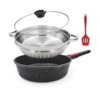 Bobikuke 11 Inch Nonstick Deep Frying Pan with Lid, 4-Pc Set - (4 Qt Saute Pan with Lid, Steamer/Strainer Basket, Silicone Spatula), Skillet with Detachable Handle, Oven Safe