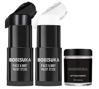 BOBISUKA Black White Face Paint Stick with Setting Powder Set, Eye Black Sticks for Sports, Body Paints for Clown Skeleton Vampire Skull Cosplay Special Effects Costume SFX Halloween Makeup Kit