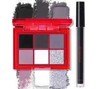 BOBISUKA Eyeshadow + Lipstick Makeup Kit, 6 Colors Dark Black White Silver Gray Shimmer Matte Metallic Smokey Eye Shadow Pallet with Black Matte Liquid Lipstick Makeup Set for Halloween
