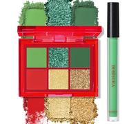 BOBISUKA Eyeshadow + Matte Lipstick Makeup Set, 6 Colors Green Red Shimmer Matte Gold Glitter Eye Shadow Pallet with Green Liquid Lipstick Makeup Kit for Christmas, Halloween, St Patricks Day