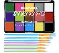 BOBISUKA Face Body Paint Palette + 10PCS Brushes Set, 15 Color Professional Face Painting Pallet Kit for Art Theater Halloween Party Cosplay Clown Sfx Makeup for Women Adults, Non-Toxic Washable