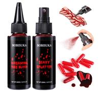 BOBISUKA Halloween Fake Blood Makeup Kit-Fake Blood Spray+Vampire Dripping Blood+10 Empty Capsules, Washable Realistic Fake Blood Set for Mouth Clothes Zombie Monster SFX Costume Cosplay Party & Film