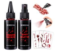 BOBISUKA Halloween Fake Blood Makeup Kit-Fake Blood Spray+Vampire Dripping Blood+4 Temporary Scar Tattoos, Washable Realistic Faux Blood for Face Clothes Zombie Monster Special Effects Costume Cosplay