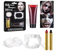 BOBISUKA Halloween Vampire Makeup Kit with White Face & Body Paint, Fake Blood, Black and Red Face Paint Crayon and Fake Teeth SFX Makeup Set for Zombie Wounds Clown Cosplay Special Effects Makeup