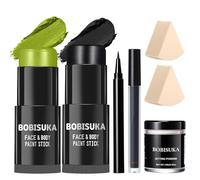 BOBISUKA Light Green & Black Face Body Paint Stick Kit with Black Lipstick & Eyeliner Pen, Setting Powder & 2 Sponges - Halloween Makeup Set for Beetle Juice, Demon, Monsters, Witches & Gothic Looks