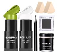 BOBISUKA Light Green & White Face Body Paint Stick Kit with Black Eyeshadow, Black Liquid Eyeliner, Setting Powder & 2 Sponges - Halloween Cosplay Makeup Set for Witch, Beetle Juice, Monster, Goblin