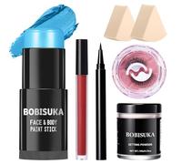 BOBISUKA Sally Halloween Makeup Kit- Light Blue Face Body Paint Stick with Red Lipstick, Black Eyeliner, Self-Adhesive Lashes, Setting Powder & Sponges Makeup Set For Avatar, Corpse Bride, Theme Party