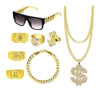 BOBITALK 8 Pcs Hip Hop Party Decorations, Gold Digger Costume, Fake Gold Chain, Chain Dollar, 90s Hip Hop Costume Kit for Men Women, Hippie Glasses for Hippie Rapper Disco Outfit