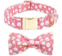 Bobo Rainbow Easter Dog Collar-Pink Rabbit Dog Collar Adjustable Cute Pet Collar Soft Pink Flower Dog Collar with Bow Tie Holiday Cotton Puppy Collar Metal Buckle Collar Gift for X-Large Dogs