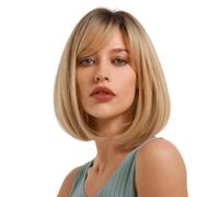 bobo short straight hair, air bangs bob, wig set rose net, gradient gold