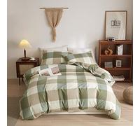 Bobode King Green Plaid Duvet Cover Washed Cotton Grid Duvet Cover Modern Buffalo Plaid Bedding Set with Zipper Closure & Corner Ties,Easy-Care,Soft-No Comforter Insert