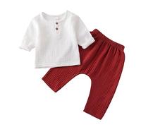 BOBORA Baby Boy Girl Clothes Toddler Cotton Linen Outfit Muslin Solid Long Sleeve T-Shirt Tops Elastic Waist Pants Set Red