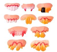 BOBOZHONG 10PC Fake Teeth Set - Funny Crazy Artificial Teeth for Halloween, Ugly Cosmetic Dentures & Vampire Fangs - PVC Comedy Prop for Costumes, Cosplay & Pranks