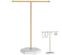 BOBOZHONG Jewellery Organiser Stand - Metal T-Bar Necklace Display Stand with Marble Pattern Tray, Gold & Black Jewelry Holder for Necklaces, Bracelets, Earrings, Rings - Hanging Organizer,Gold+White