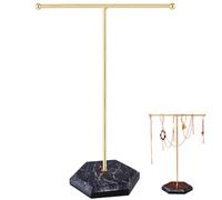 BOBOZHONG Jewellery Organiser Stand - Metal T-Bar Necklace Display Stand with Marble Pattern Tray, Gold & Black Jewelry Holder for Necklaces, Bracelets, Earrings, Rings - Hanging Organizer,Gold+Black
