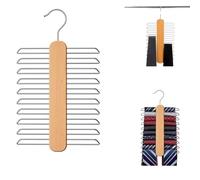 BOBOZHONG Wooden Tie Hanger for Wardrobe - 20 Non-Slip Chrome Bars Tie Organiser & Belt Rack with 360° Swivel Hook, Space-Saving Storage for Ties, Belts, Scarves (30cm x 15cm)
