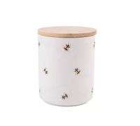 Bobzo Honeycomb Ceramic Bee Canister with Airtight Wooden Lid - White Stoneware Kitchen Storage Jar for Tea, Coffee, Sugar, Biscuits - Cute Bumblebee & Daisy Design | 11x11x13 cm (Large)