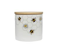 Bobzo Honeycomb Ceramic Bee Canister with Airtight Wooden Lid - White Stoneware Kitchen Storage Jar for Tea, Coffee, Sugar, Biscuits - Cute Bumblebee & Daisy Design