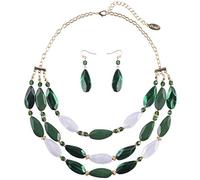 Bocar 3 Layer Beads Statement Necklace Earring for Women Jewelry Set (NK-10077-Deep Green)