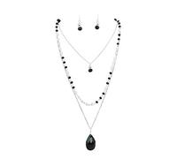 Bocar 3 Layer Jewelry Set Long Chain Pendant Bead Necklace Earring for Women (NK-10036-black)