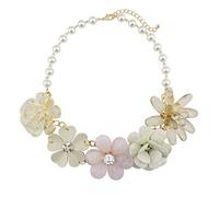 Bocar 5 Flower Braided Crystal Statement Chunky Necklace Bib Collar Pearl Jewelry for Women (NK-10127-beige)