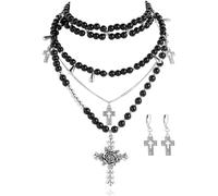 Bocar Layered Pearl Cross Necklace Silver Rosary Choker Black
