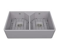 Bocchi UK Arno 800D Double Bowl Fireclay Ceramic Kitchen Sink In Matte Grey Incl. Waste And Protective Grid - 795X490mm