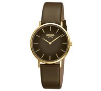 Boccia Titanium Women's Watch 3273-13 Titanium Yellow Gold-Plated 36 mm with Dark Brown Dial, Quartz Watch with Brown Leather Strap, Ultra Flat Approx. 6 mm, Waterproof 3 Bar