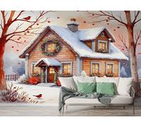Boceoey Christmas Snow Cottage Wall Mural, Self Adhesive Wallpaper Peel and Stick, Xmas Cardinals Home Decor Photo Wallpaper, Silk Cloth Wall Sticker for Living Room & Bedroom, 350x256 cm - K-740