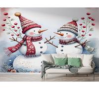 Boceoey Christmas Snowman Wall Mural, Self-Adhesive Peel & Stick Wallpaper, Xmas Snowflakes Flower Berry Winter Design Photo Wallpaper for Living Room & Bedroom (400x280 cm),