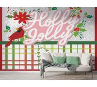 Boceoey Christmas Tree Wall Mural, Self-Adhesive Peel & Stick Wallpaper, Xmas Cardinals Poinsettia Plaid Design Photo Wallpaper for Living Room & Bedroom (400x280 cm),