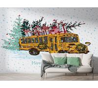 Boceoey Christmas Yellow Truck Wall Mural, Self-Adhesive Peel & Stick Wallpaper, Xmas Tree Snowflakes Gift Winter Design Photo Wallpaper for Living Room & Bedroom (300x256 cm),