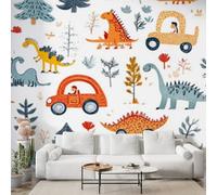 Boceoey Dinosaur Car Wall Mural, Self Adhesive Wallpaper Peel and Stick, Wildlife Cartoon Home Decor Photo Wallpaper, Silk Cloth Mural for Living Room & Bedroom, 100x70 cm - N-9
