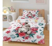 Boceoey Easter Grey Bunny Cot Bed Bedding Set - Kids Pink Peonies Red Hearts Duvet Cover Set with 1 Pillow Case 40x60 cm, Ultrasoft Breathable Microfiber Duvet Cover with Zipper Closure,