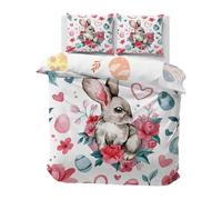 Boceoey Easter Grey Bunny Queen Size Bedding Sets, Pink Peonies Red Hearts Duvet Cover Set with 2 Pillow Cases 50x75 cm, Ultrasoft Breathable Microfiber Duvet Cover with Zipper Closure,