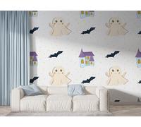 Boceoey Halloween Ghost Wall Mural, Self Adhesive Wallpaper Peel and Stick, Bat Castle Home Decor Photo Wallpaper, Silk Cloth Wall Sticker for Living Room & Bedroom, 200x140 cm - K-305