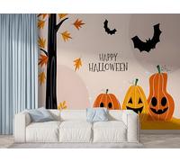 Boceoey Halloween Pumpkin Wall Mural, Self-Adhesive Peel & Stick Wallpaper, Maple Leaf Bat Design Photo Wallpaper for Living Room & Bedroom (100x70 cm), K-340