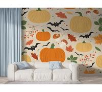 Boceoey Halloween Pumpkin Wall Mural, Self-Adhesive Peel & Stick Wallpaper, Maple Leaf Bat Design Photo Wallpaper for Living Room & Bedroom (100x70 cm), K-360