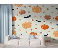 Boceoey Halloween Pumpkin Wall Mural, Self-Adhesive Peel & Stick Wallpaper, Maple Leaf Bat Design Photo Wallpaper for Living Room & Bedroom (100x70 cm), K-358