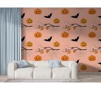 Boceoey Halloween Pumpkin Wall Mural, Self Adhesive Wallpaper Peel and Stick, Bat Spider Web Home Decor Photo Wallpaper, Silk Cloth Mural for Living Room & Bedroom, 100x70 cm - K-337