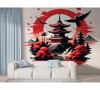 Boceoey Japanese Architecture Tower Wall Mural, Self-Adhesive Peel & Stick Wallpaper, Crane Floral Design Photo Wallpaper for Living Room & Bedroom (450x315 cm), K-407