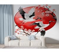 Boceoey Japanese Cherry Blossoms Wall Mural, Self Adhesive Wallpaper Peel and Stick, Crane Animal Home Decor Photo Wallpaper, Silk Cloth Wall Sticker for Living Room & Bedroom, 150x100 cm - K-474