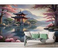 Boceoey Japanese Wall Mural, Self Adhesive Wallpaper Peel and Stick, Cherry Blossom Tower Home Decor Photo Wallpaper, Silk Cloth Mural for Living Room & Bedroom, 100x70 cm - K-988