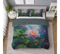 Boceoey Lotus & Koi Fish Duvet Cover Set, Ultrasoft Microfiber Non Iron Bedding Set with Pillowcases and Zipper Closure, 150x200 cm, Oriental Floral Colorful Nature Decor, QH-69